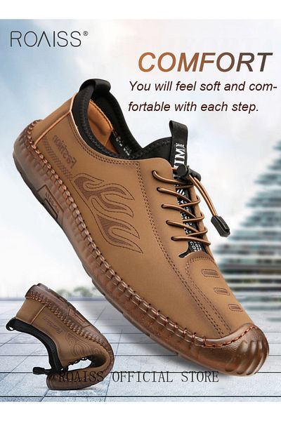 ROAISS New Mens Casual Drawstring Non-slip Soft Sole Flat Shoes Fashion Round Toe Shoes Daily Hand Stitched