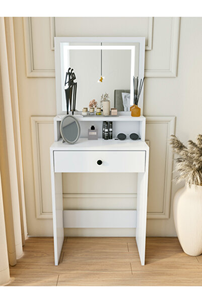 MONTENERO Makyaj Masası Beyaz Takı Aksesuar Düzenleyici Çekmeceli Raflı Aynalı Özel Led Ayna - 02