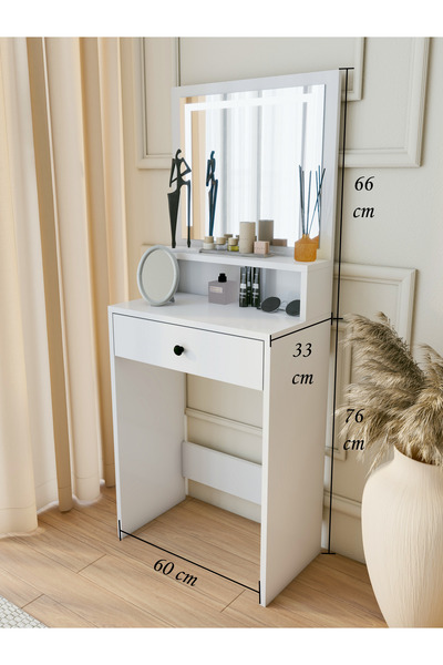 MONTENERO Makyaj Masası Beyaz Takı Aksesuar Düzenleyici Çekmeceli Raflı Aynalı Özel Led Ayna - 02