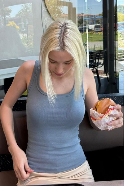 Madmext Tricou de bază cu curea cu aspect de nervură Indigo MG2057