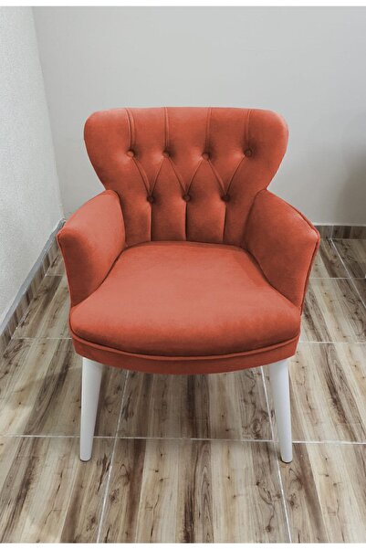 Azra Aksesuar Berjer - Tekli Koltuk - Ahşap Ayak - Nubuk Kumaş - Beyaz Ayak - Turuncu