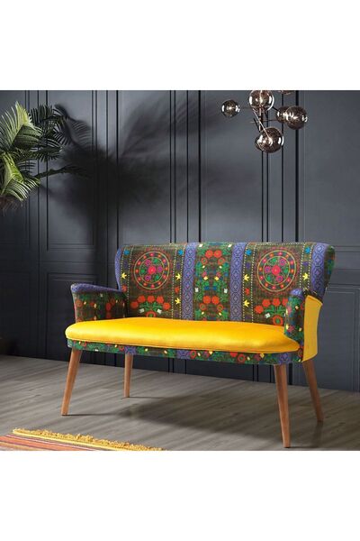 Azra Aksesuar Ikili Koltuk - Etnik Desen - Nubuk Kumaş - Ahşap Ayak - Sarı