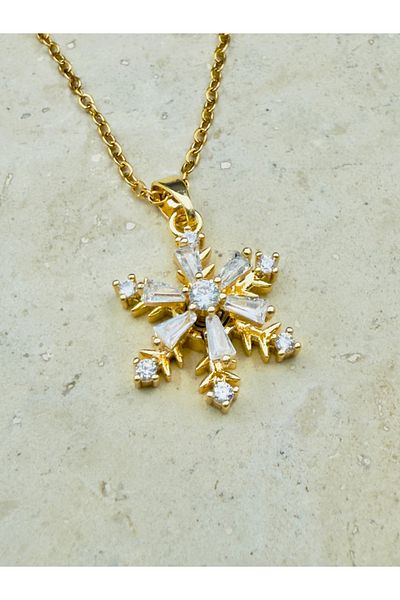 Snartun Zircon Stone Gold Snowflake Detailed Movable Steel Necklace I Special Boxed