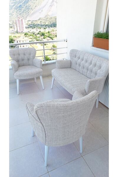 Azra Aksesuar Çay Seti Koltuk Takımı - Keten Kumaş - Beyaz Ahşap Ayak - Gürgen Iskelet - Krem