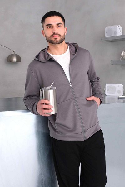 Behind Look Hanorac cu glugă și buzunar cangur cu fermoar Modal Sweat Gri