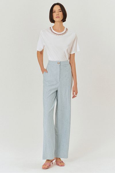 Exquise Yüksel Waist Straight Cut Blue Trousers with Shiny Fabric Detail