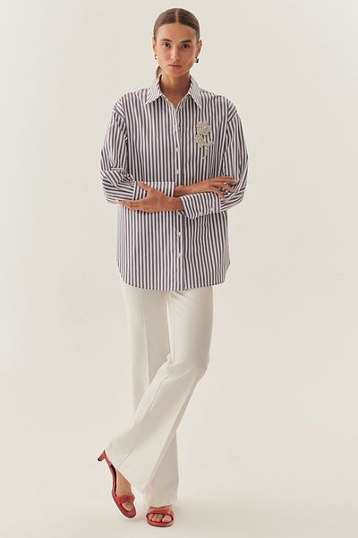Exquise Oversize Striped Poplin Shirt with Stone Embroidery Detail