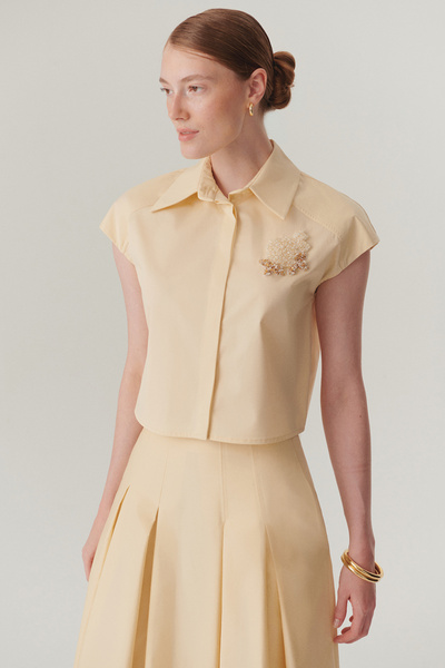Exquise Light Yellow Cotton Crop Shirt with Embroidery Detail