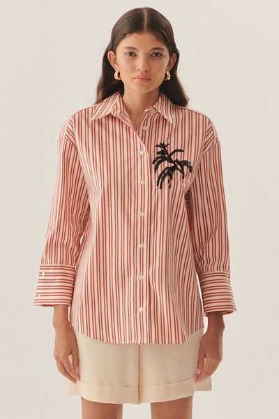 Exquise Red Striped Regular Shirt with Embroidery Detail