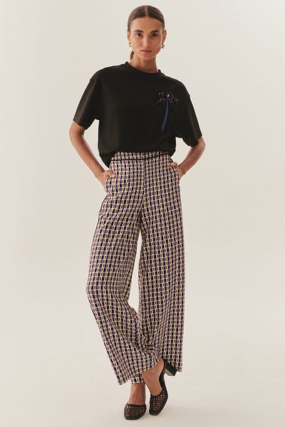 Exquise High Waist Pocket Loose Cut Patterned Trousers