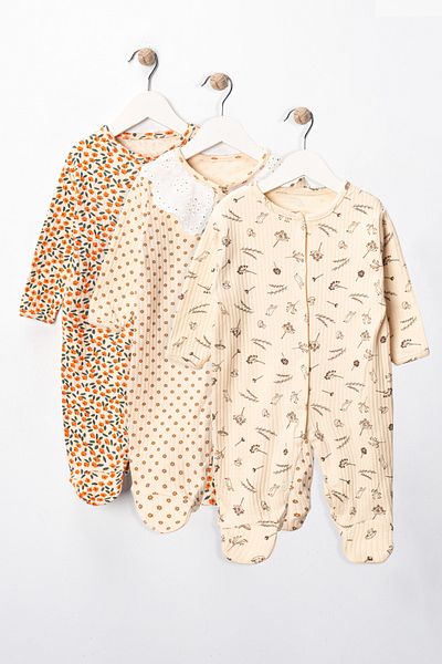 ENİA BABY Baby Girl Floral Patterned 3-6-9 Months 3-Piece Cotton 3-Piece Jumpsuit with Booties