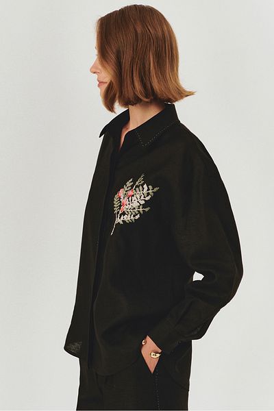 Exquise Comfortable Fit Pure Linen Black Shirt with Embroidery Detail