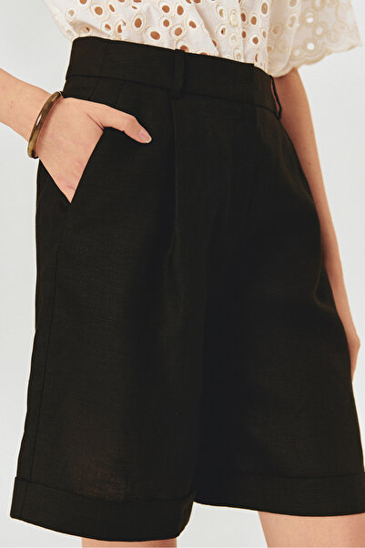 Exquise High Waist Pure Linen Black Bermuda Shorts
