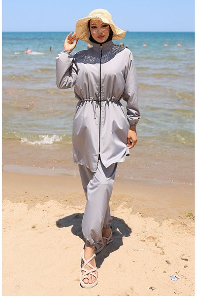sefamerve Γκρι μαγιό Hijab - Φερμουάρ, Μοντέλο 9002-01