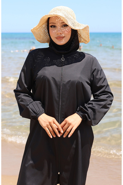 sefamerve Plážové zakryté plavky na zip s koupací čepicí dárek 9003-04 černá