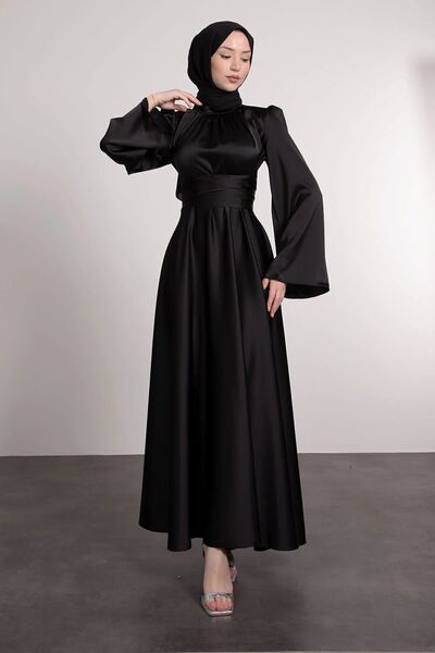 Lamia Giyim Ισπανικό μανίκι με τυλιγμένο σατέν βραδινό φόρεμα Hijab Μαύρο
