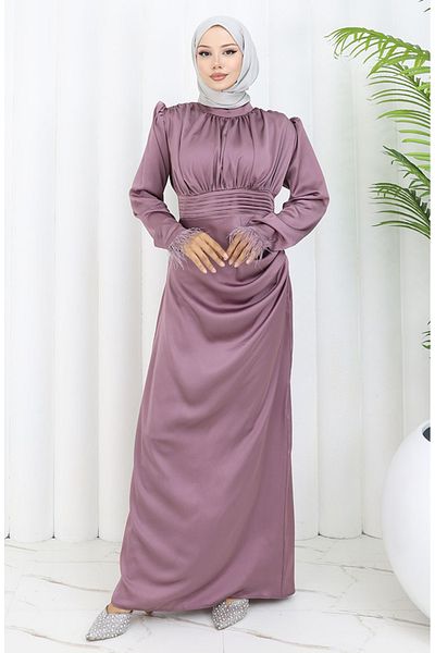 sefamerve Βραδινό φόρεμα Dusty Rose Satin - Πλισέ λεπτομέρεια, Μοντέλο 6374-02