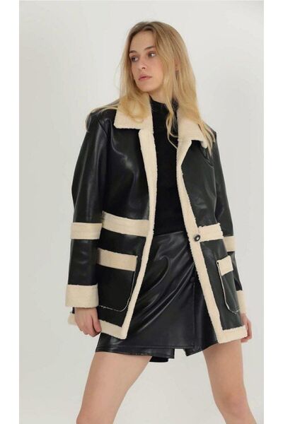 MACARON Palton de damă de calitate neagră cu blană de pluș