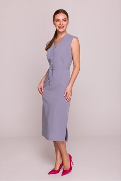 Stylove Dress with tied neckline and belt - dove grey