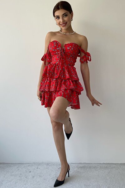 Özel Tasarım Pántos ruha szoknya, fodros, mellrészt támasztó ruha, mini ruha, virágos ruha, mintás piros ruha