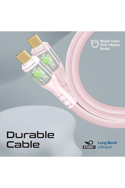 Promate كابل USB-C، كابل Type-C فائق السرعة، 60 واط مع شحن متزامن بسرعة 480 ميجابت في الثانية، غلاف شفاف أنيق