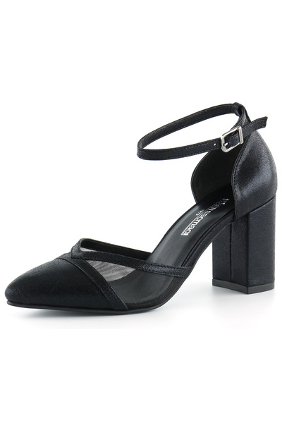 Erkan Saçmacı Diana Black Pointed Toe Mesh Thick Heeled Classic Shoes