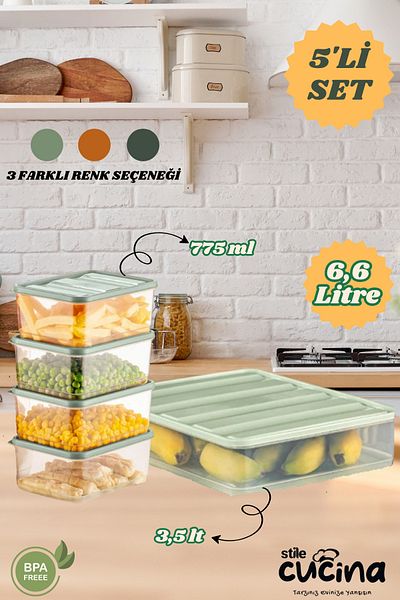 Stile Cucina 5-Piece Refrigerator Organizer Organizer Freezer Storage Container Suitable for Microwave