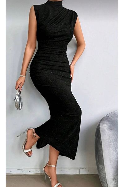TrendyFashion Glitter Detailed Draped Evening Dress