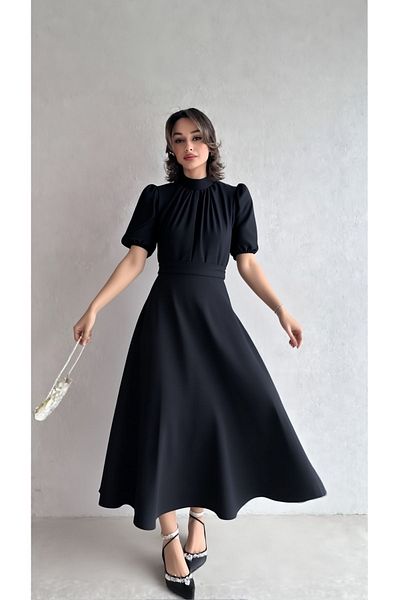 Sheeny Nil Black Flared Skirt Short Sleeve Midi Length Satin Evening Dress Black