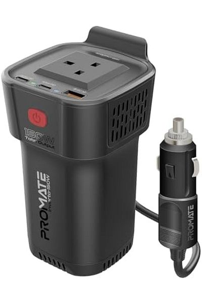Promate 4-In-1 DC to AC Car Power Inverter with 150W Socket, Dual PD30W USB-C, QC18W USB-A, LED Powe