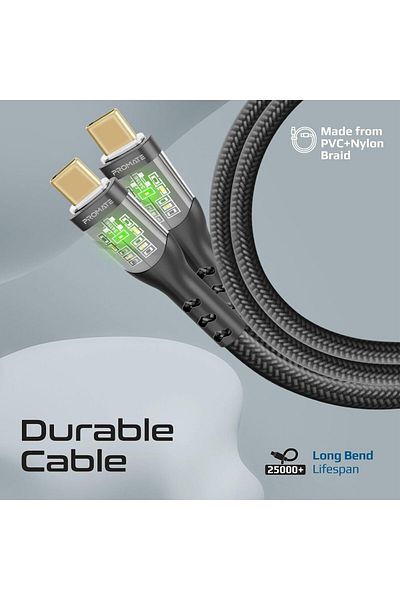 Promate كابل USB-C، كابل Type-C فائق السرعة، 60 واط مع شحن متزامن بسرعة 480 ميجابت في الثانية، غلاف شفاف أنيق