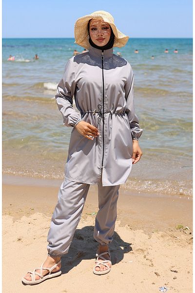 sefamerve Γκρι μαγιό Hijab - Φερμουάρ, Μοντέλο 9002-01