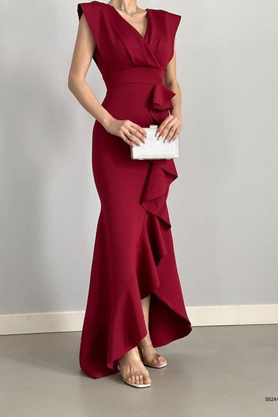 ALFUDO Moda Collection فستان سهرة نسائي من قماش الغطس باللون العنابي ذو طية صدر مزدوجة مع فستان سهرة لحفلات التخرج وحفلات الزفاف