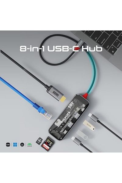 Promate USB-C™ Transparent Media Hub, Premium 4K Display, with HDMI, Super-Fast 1000Mbps Ethernet,