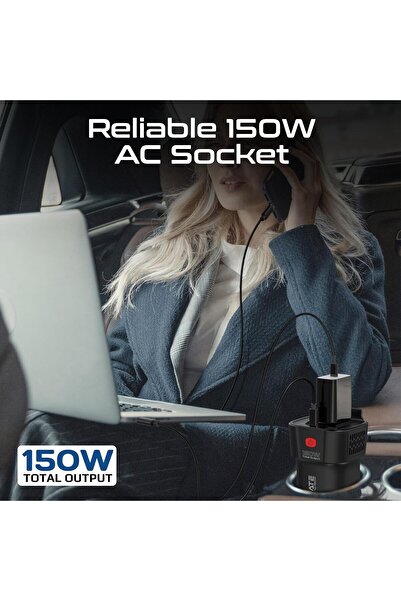 Promate 4-In-1 DC to AC Car Power Inverter with 150W Socket, Dual PD30W USB-C, QC18W USB-A, LED Powe