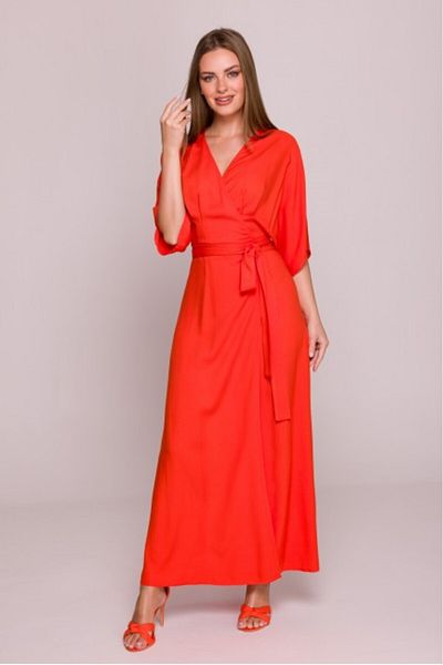 Stylove Wrap maxi dress with a waist belt - coral