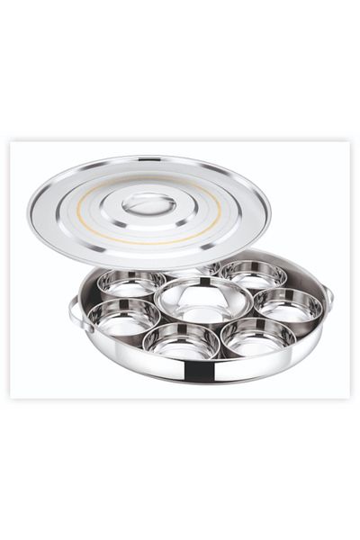 Bohara Stainless Steel Serving Plate Set. Consists Of 9 Pieces With A Lid. Distinctive Golden Line.