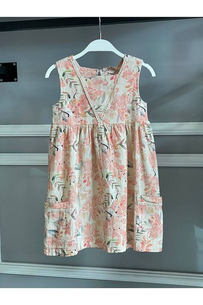 STYLENEST Girl's Flower Patterned Salmon Color Pocket Sleeveless Dress