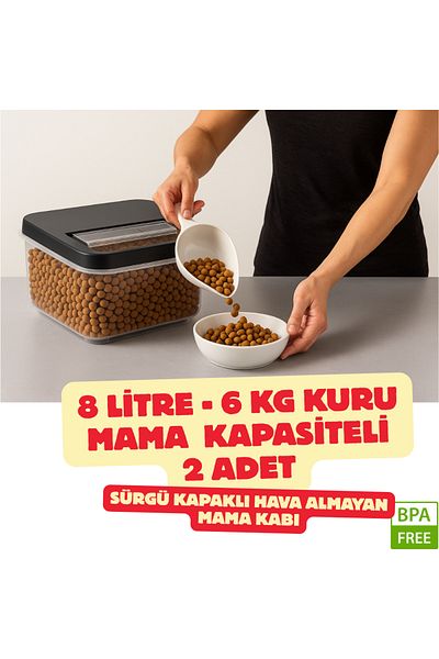 AKTURK HOME 2 Pieces 8 Lt Cat Dog Dry Food Storage Container with Sliding Lid - Multibox Pet Food Box