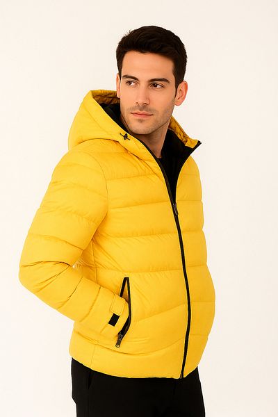 freemen Men's Yellow Hooded Fleece Fur Waterproof Wind-Proof Puffer Jacket Coat Parka