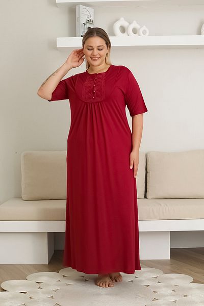 ERDENİZ TEKSTİL Maternity Nightgown Plus Size Nightgown Buttoned Lace Collar Solid Color