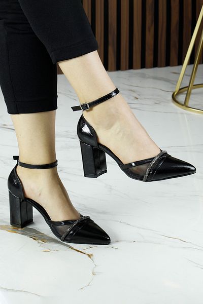 Erkan Saçmacı Black Patent Leather Pointed Toe Stone Mesh Thick Heeled Evening Dress Shoes