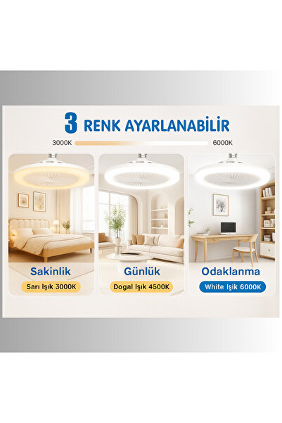 OBRNHOMEN Pervaneli ve Fanlı Kumandalı LED Tavan Lambası - 3 Farklı Işık Rengi - Uzaktan Kumandalı