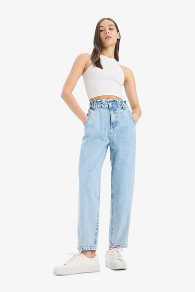 DeFacto Paperbag Elastic Waist Ankle Length Jean Washed Trousers E3184Ax25Sp