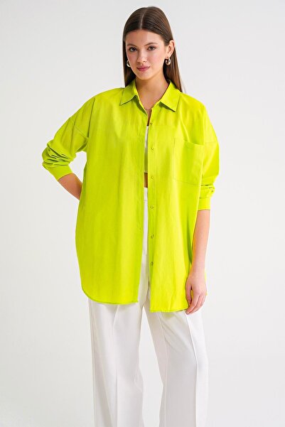 Mixray 4053 Women's Single Pocket Oversize Basic Shirt Olive