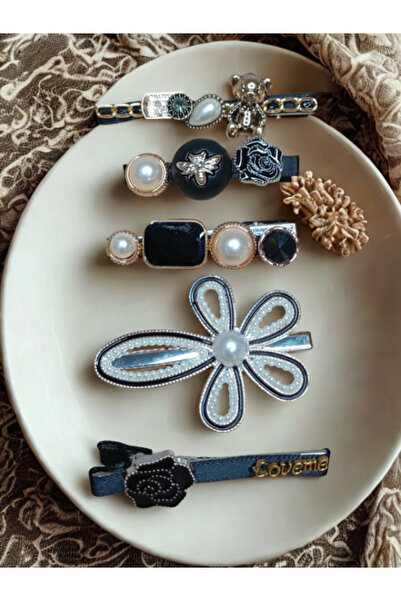 Dolce Rosa Black Color 1 Pack Set of 5 Buckles with Pearl Decorated Flower an...