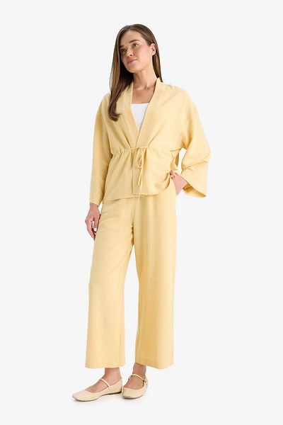 DeFacto Flexible Waisted Lace-Up Straight Leg Linen Blend Capri E6109Ax25Hs