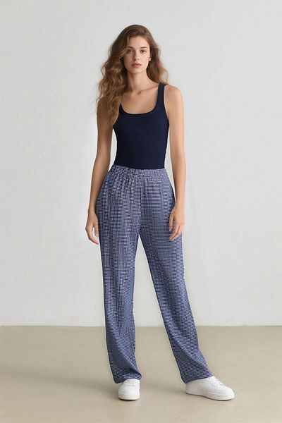 DeFacto Cool Wide Leg Checked Regular Waist Wide Leg Trousers E6121Ax25Sp