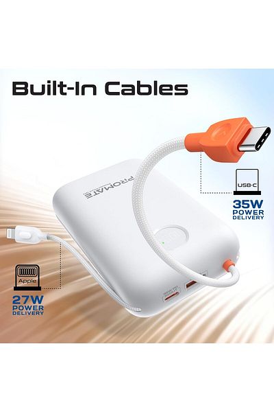 Promate 4 In 1 High-capacity 30000mah Power Bank 35w, With Built-in Usb-c Cable, 27w Lightning Cable