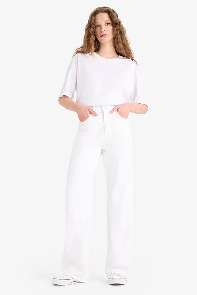 DeFacto Pantaloni drepți, largi, cu talie înaltă, lungi, albi, din denim E8014AX25SM